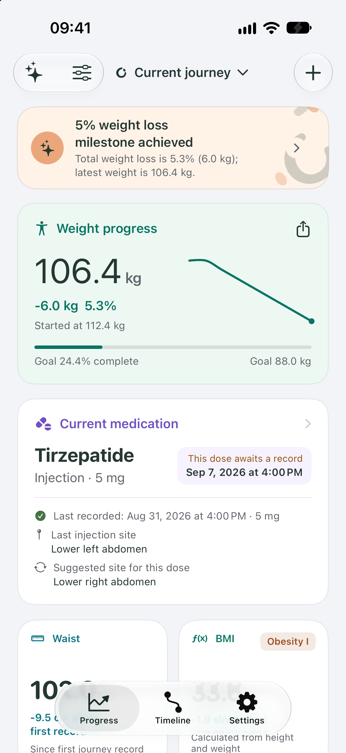 Bodori Progress screen showing a fictional journey, weight trend and current medication.